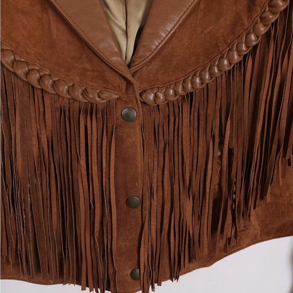 Vintage Diamond Leathers Size Large Brown Genuine Leather Fringe Snap-Up Jacket - Picture 2 of 9